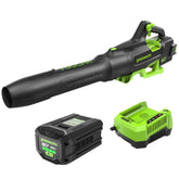 Greenworks blower front view showing design and power benefit