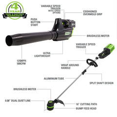 Greenworks blower front view highlighting lightweight design and easy control benefit
