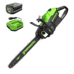 Greenworks chainsaw front view showing controls and performance benefits