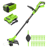Greenworks front-angle trimmer showing entire tool for quick yard work setup