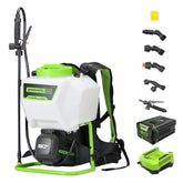 Greenworks front view of 80V backpack sprayer showing full kit benefits