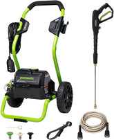 Greenworks front packaging view showing compact portable washer and benefits