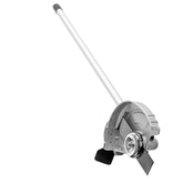 Greenworks front view of edger attachment showing sturdy guard and balance benefit