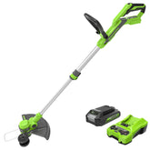 Greenworks front view showing 12-inch trimmer profile and lightweight design benefit