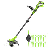 Greenworks front view of 12-inch trimmer showing compact design and easy handling