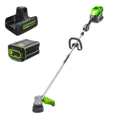 Greenworks front view showing trimmer and benefits of compact power