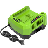 Greenworks GCH8040 front view showing compact charger and clean design for easy storage