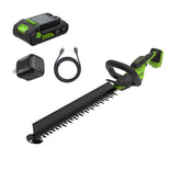 Greenworks hedge trimmer front view showing ready-to-use power and portability