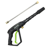 Greenworks metal spray gun front view shows rugged build and reliable handling