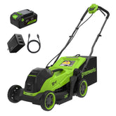 Greenworks mower front packaging showing product and benefits