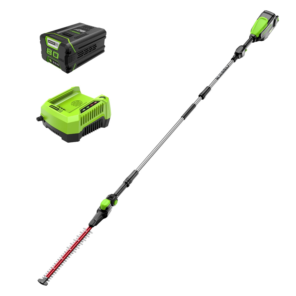 Greenworks front view of pole hedge trimmer showing full tool and readiness