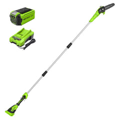 Greenworks polesaw front view showing included kit and ready-to-use benefit