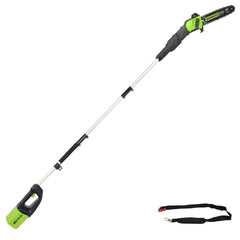Greenworks polesaw front view showing compact 10-inch bar and balanced design for easy pruning