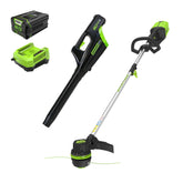Greenworks trimmer front view showing ergonomic shaft and balanced handling benefit