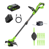 Greenworks trimmer front view showing slim profile and balanced design benefit