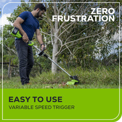 Greenworks trimmer being used along a lawn edge highlighting easy maneuverability