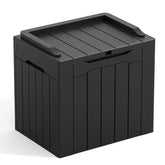 Greesum deck box front view showing sleek black design and weatherproof benefit