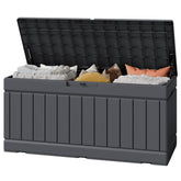 Greesum front view of gray deck box showing compact design and secure storage