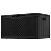 Greesum black deck box front view showing sleek design and secure lid benefit