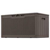 Greesum front view of dark brown deck box showing compact storage benefit