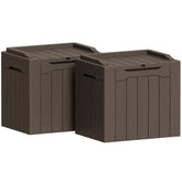 Greesum front view of two brown deck boxes showing compact outdoor storage benefit