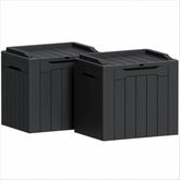 Greesum front view of two deck boxes showing compact outdoor storage benefit