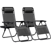 Greesum front view showing both black zero gravity chairs and cup holders, highlighting ready-to-use convenience