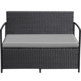 Greesum loveseat front angle showing compact two-seat design and red cushions
