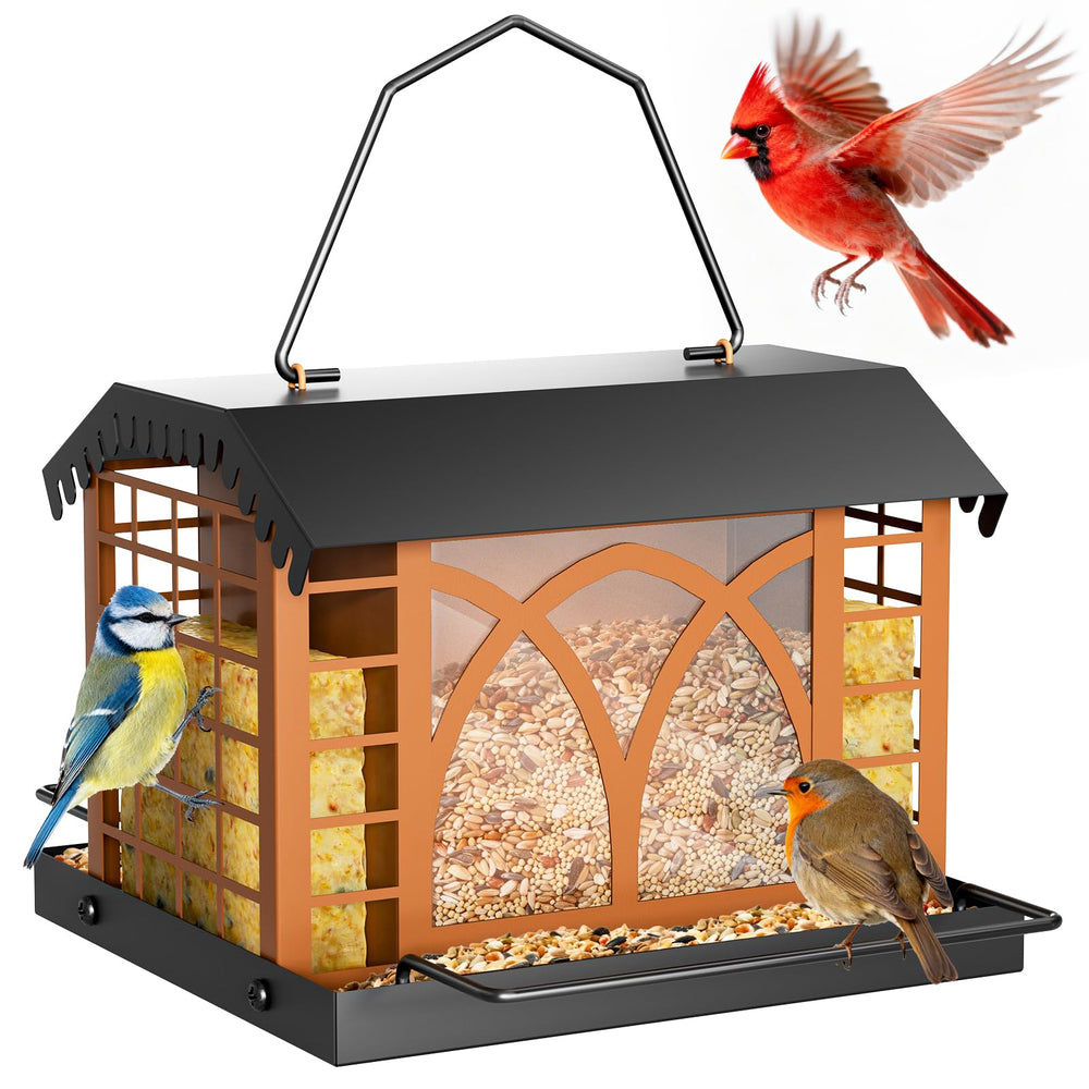 Grete Gotye front view of hanging metal bird feeder showing sturdy build and capacity