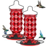Grete Gotye front view glass feeder showing red flower ports and durable design benefit attraction