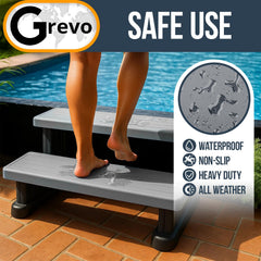Grevo steps positioned at a hot tub offering stable, safe entry