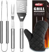 GRILLART front view of 3-piece set showing durable stainless finish and glove benefit