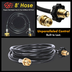 GRILLBLAZER hose connected to GrillGun demonstrating safe extended distance from tank