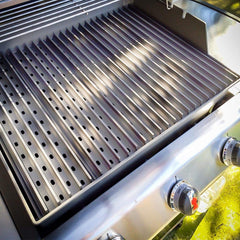 GrillGrate five interlocking panels installed showing consistent cooking surface benefit
