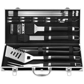 grilljoy black aluminum case open showing organized 22-piece kit and easy transport