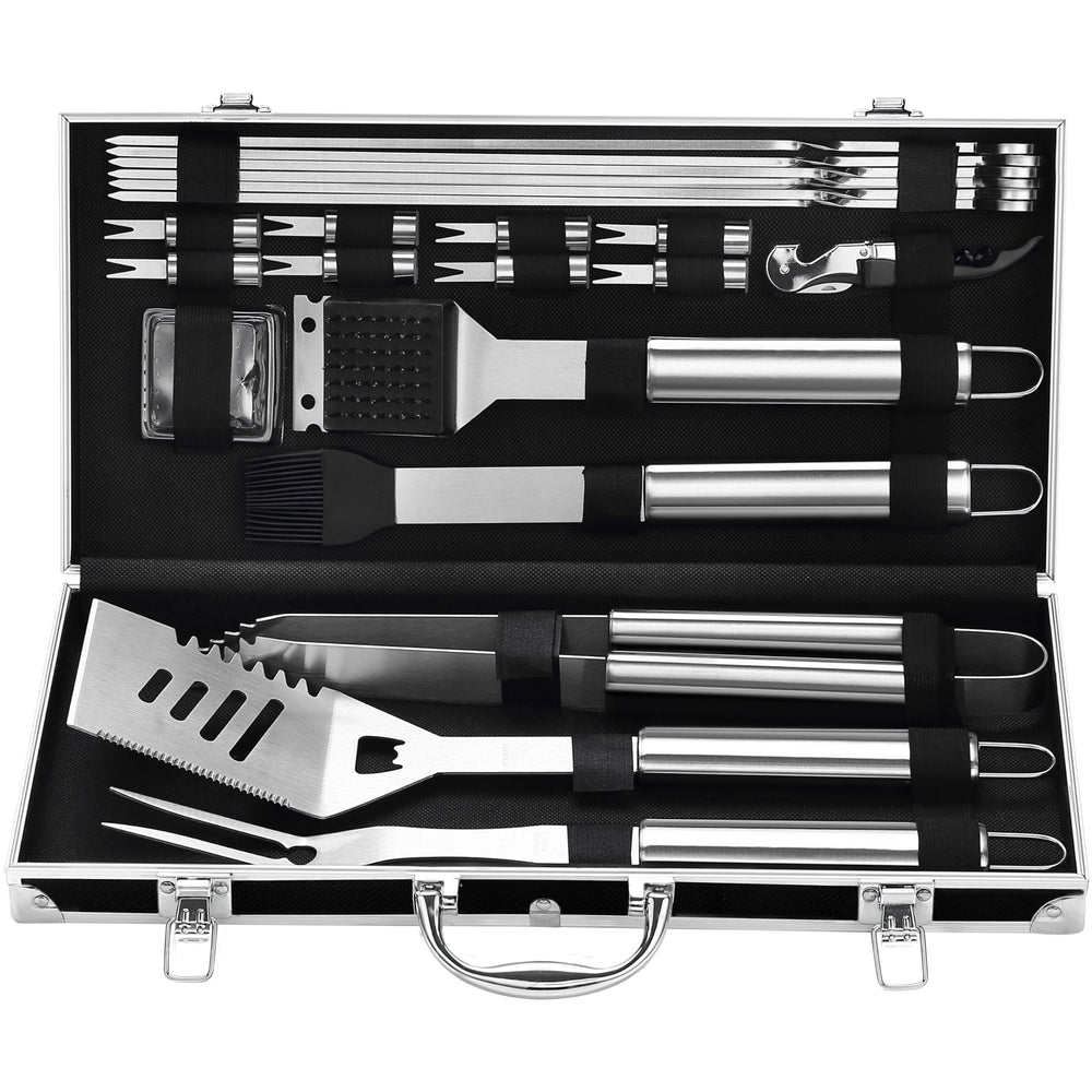 grilljoy black aluminum case front view showing neat storage, durable travel protection