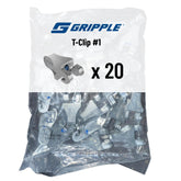 GRIPPLE T-Clip front packaging showing 20-count kit and quick-install benefit