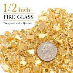 GRISUN gold fire glass installed in outdoor fire pit enhancing flame appearance
