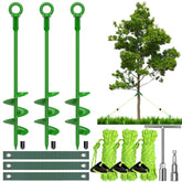 GrowGlow front packaging showing three green 18-inch spiral stakes and accessories for durable anchoring