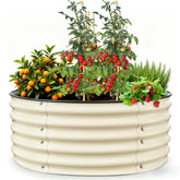Gruper front view of round galvanized planter showing sturdy construction and weather resistance