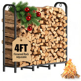 Gtongoko front view of 4ft metal firewood rack showing organized storage and durability