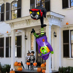 GUDELAK front view of hanging black cat and witch inflatable shows festive curb appeal