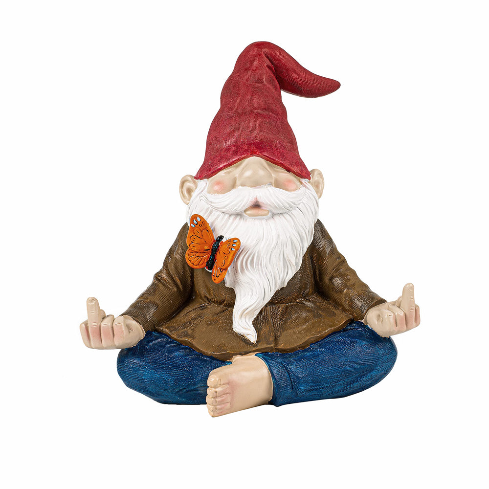 GUTE gnome front view showing smiling face and middle fingers, playful garden focal point