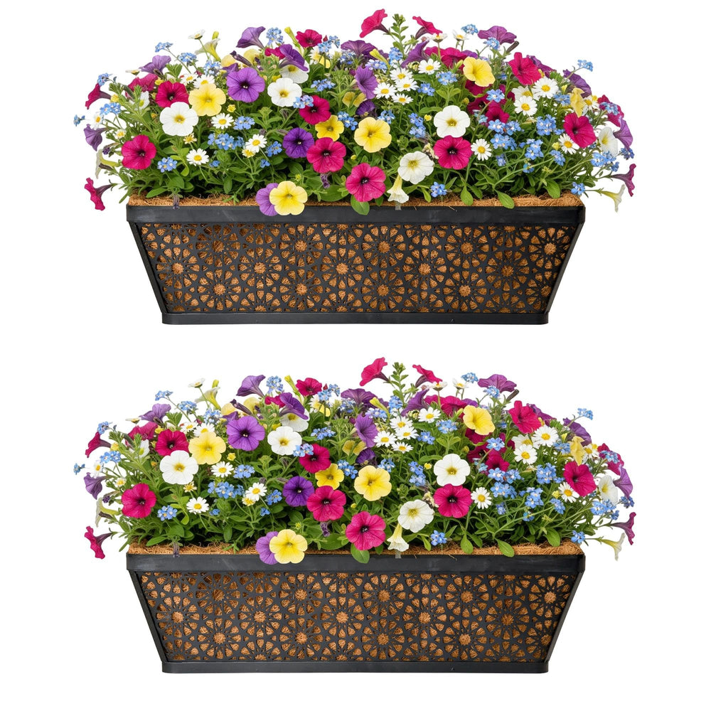 GYATSOCYG front view of two black metal window boxes showing sleek finish and benefit: durable display