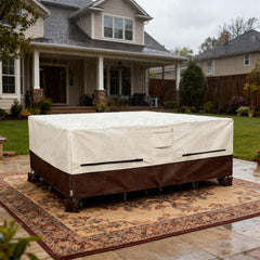 Hadisi cover installed over outdoor dining set demonstrating weather protection benefit