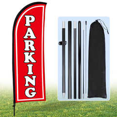 Hahafelt front view of red parking feather flag showing high visibility