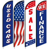 Hahafelt front view of swooper feather flag showing bold used car message benefits visibility