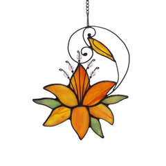 HAOSUM front view of lily suncatcher showing warm yellow glass and floral shape enhancing window
