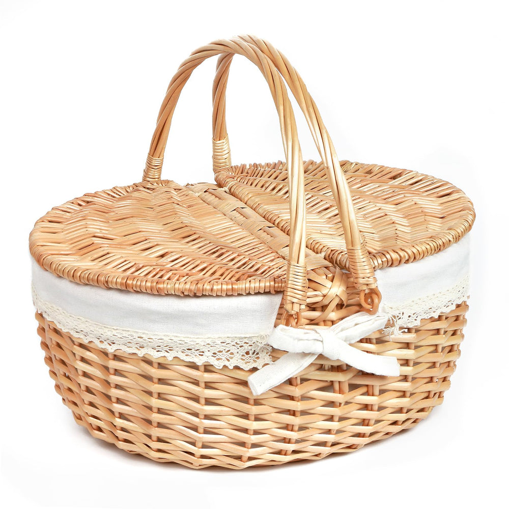 Hap Tim picnic basket front view showing wicker and lid, elegant portable storage