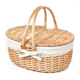 Hap Tim front view of picnic basket shows elegant white lace and compact design for gifting